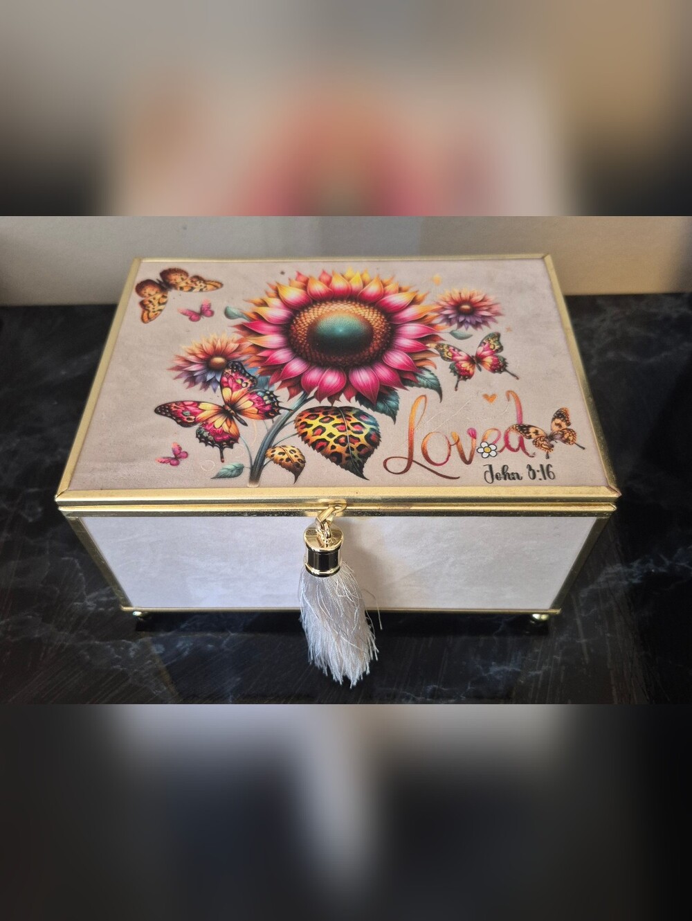 Loved Floral Sunflower Butterfly Jewelry Box Tassel Cream Velvet New